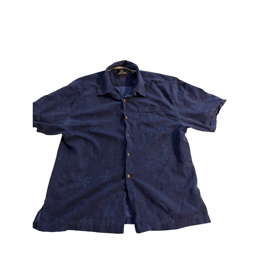 Jamaica Jaxx Button Front Tropical Navy‎ Blue Silk Jacquard Floral Shirt XXL